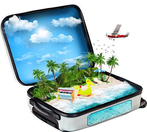 Reisekoffer mit Strandlandschaft mit Palmen